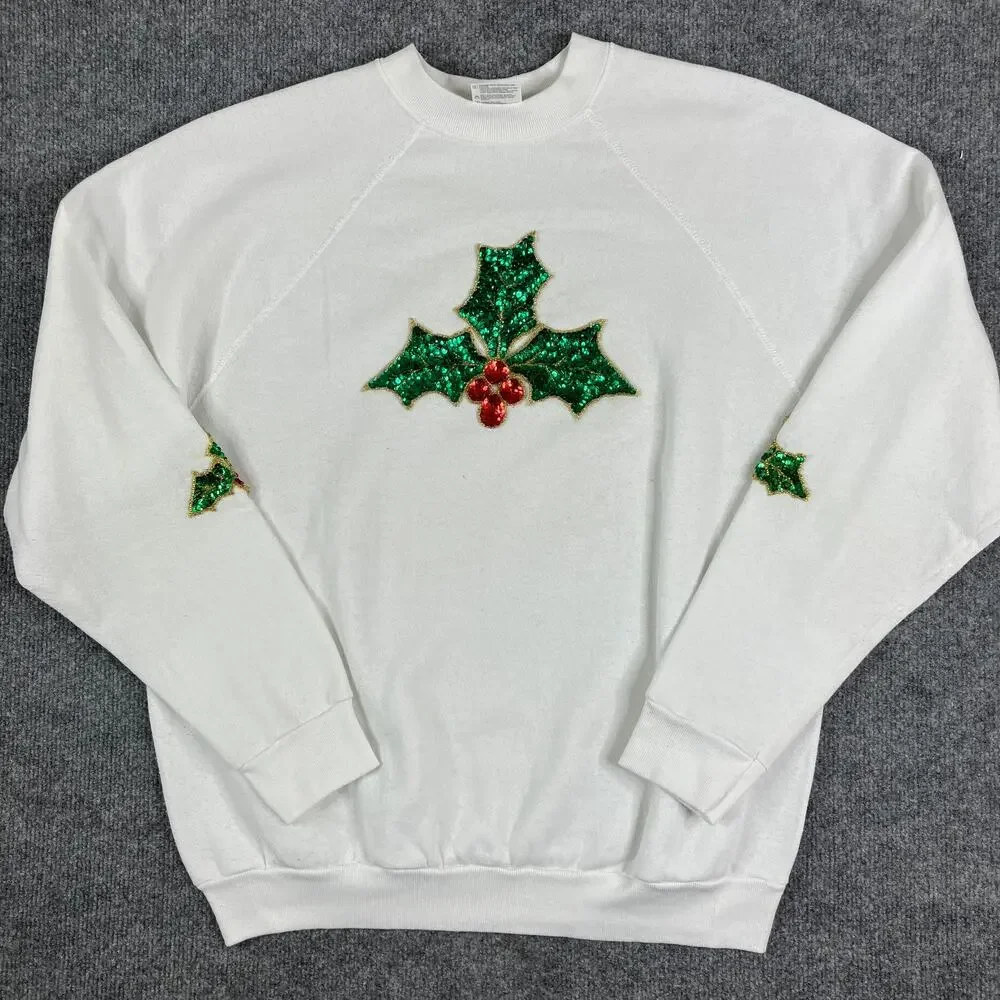 Tultex Vintage‎ Christmas Sweatshirt Mens Large White Holly Embellished Crewneck